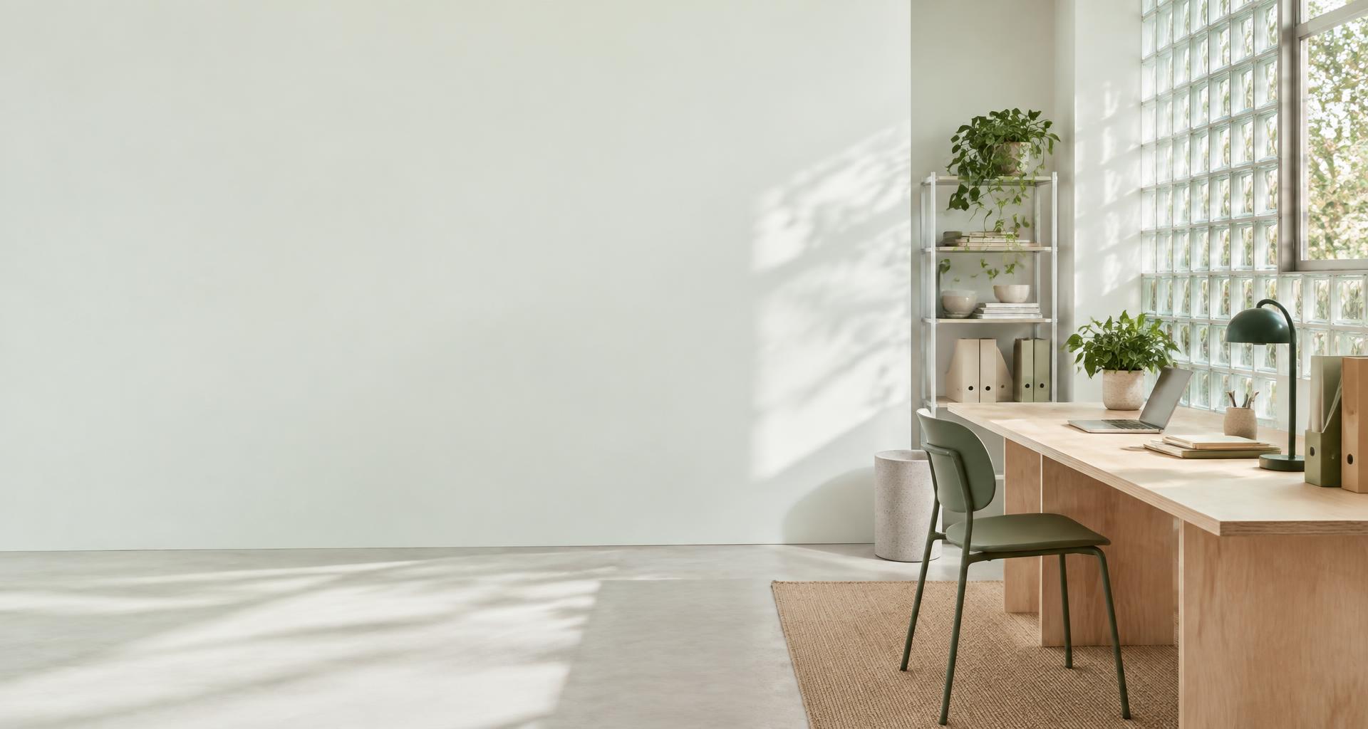 A calm, sunlit workspace with a laptop and neatly organised job folders
